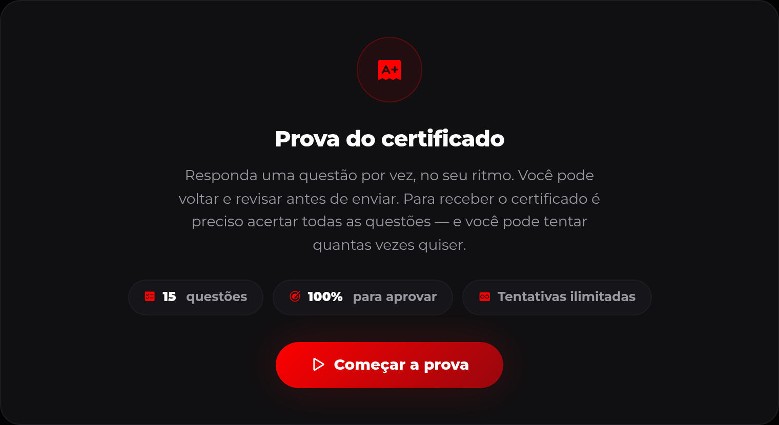 Tela da prova online que libera o certificado de conclusão do curso.